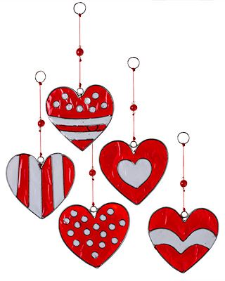 Set Of Five Red & White Heart Suncatchers