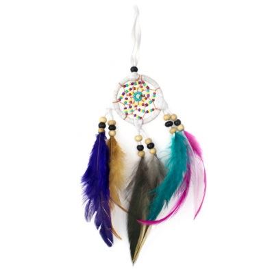 White Dream Catcher with Coloured Beads & Feathers 27cm