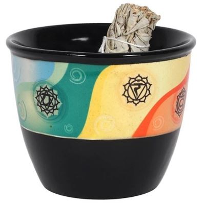 Black Ceramic Smudge Bowl Chakra Design